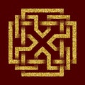 Golden glittering logo template in Celtic knots style on dark red background. Tribal symbol in cruciform maze form.